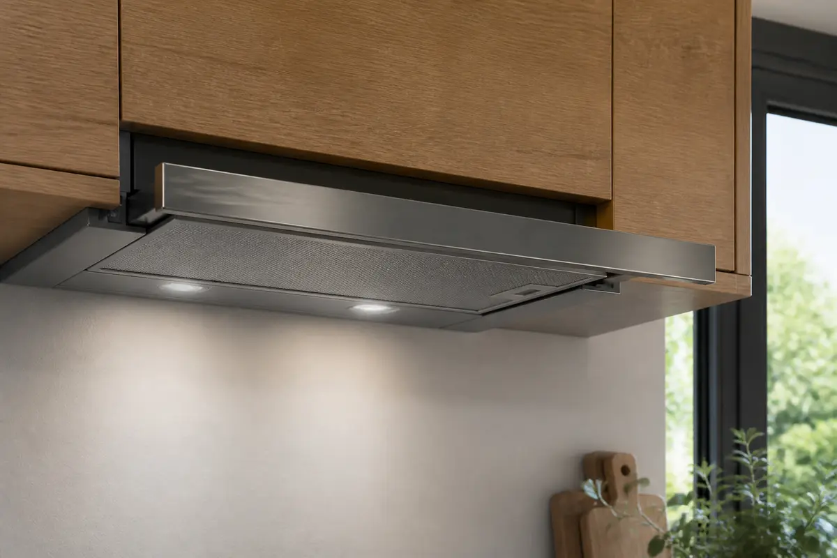 Hotte casquette Bosch moderne intégrée dans meuble cuisine avec éclairage LED lumineux