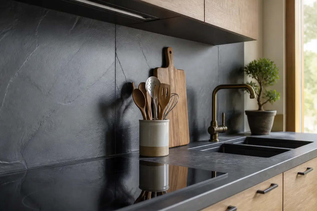 Cuisine moderne avec comptoir en pierre noire, ustensiles en bois, robinet doré, et plante décorative.