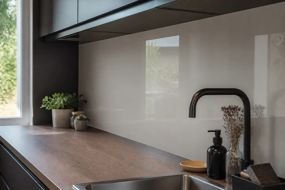 Cuisine moderne avec crédence en mélaminé, évier en inox et robinet noir contemporain