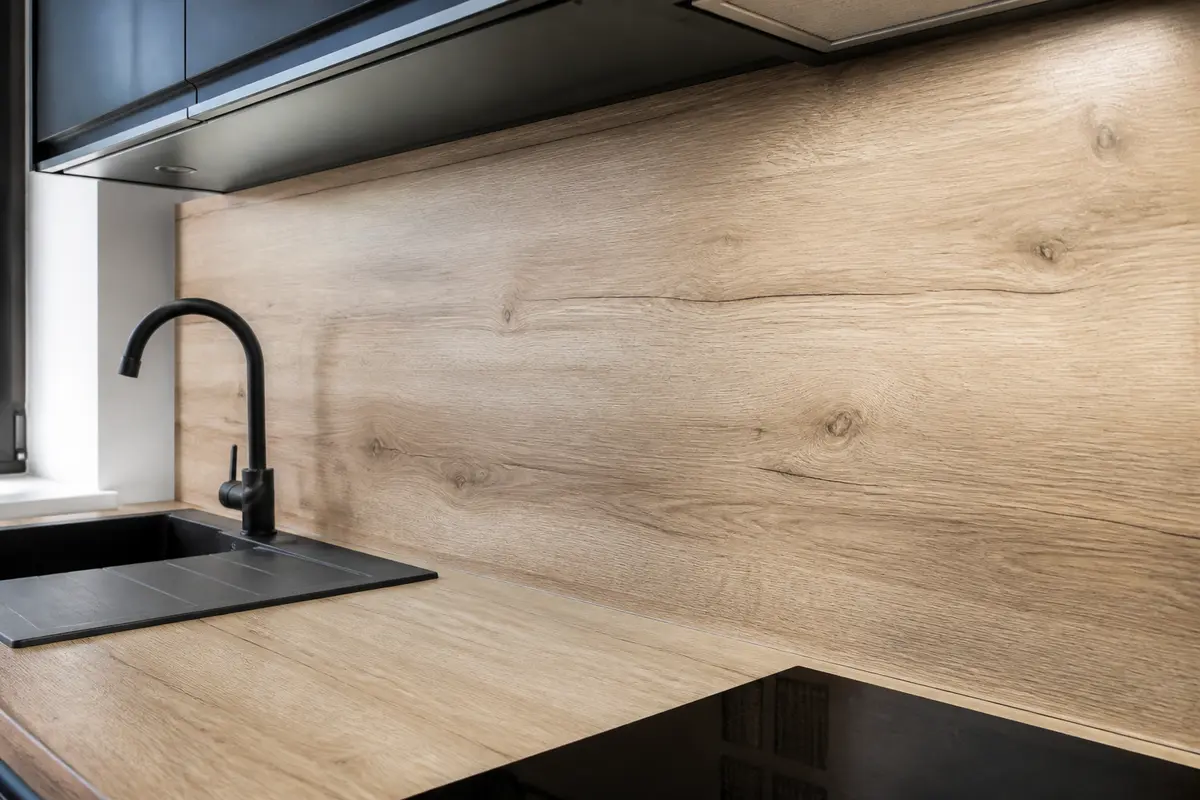 Cuisine moderne avec crédence mélaminée effet bois et évier noir intégré.
