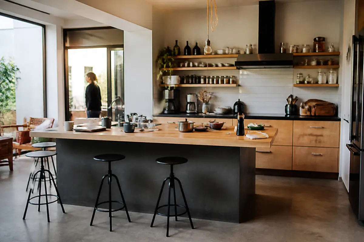 Cuisine scandinave industrielle avec îlot central, étagères ouvertes et luminaires modernes
