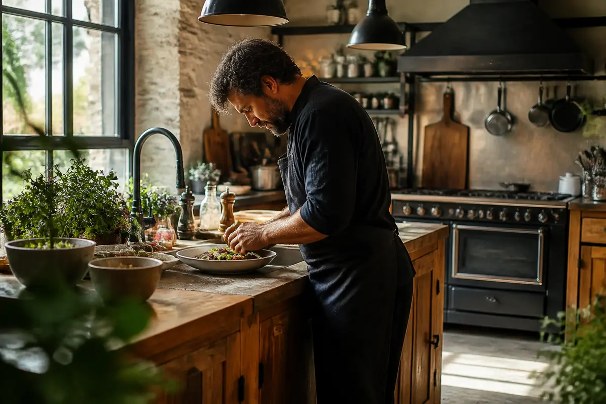 Homme préparant un plat dans une cuisine scandinave au style industriel lumineux et moderne