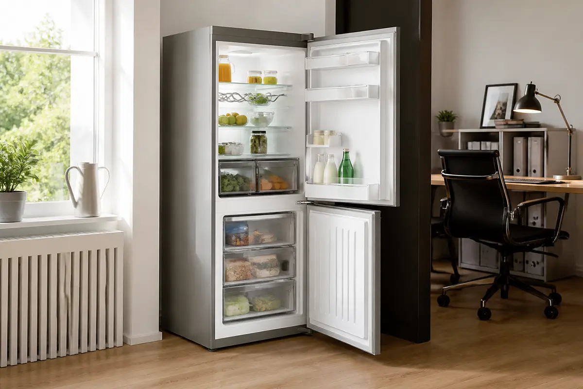 Cuisine moderne avec frigo top Liebherr ouvert, aliments et boissons rangés astucieusement