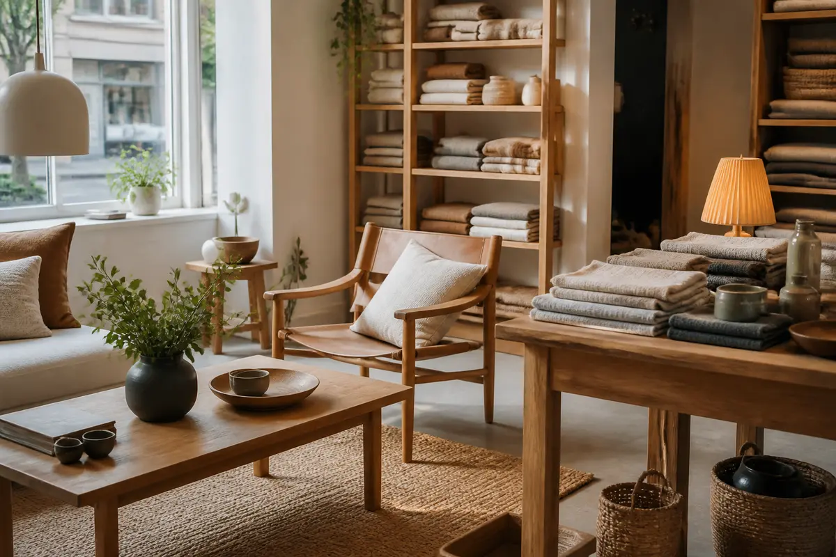 Salon moderne en bois clair avec fauteuils, étagères, table basse, plantes, lumière naturelle par fenêtre.