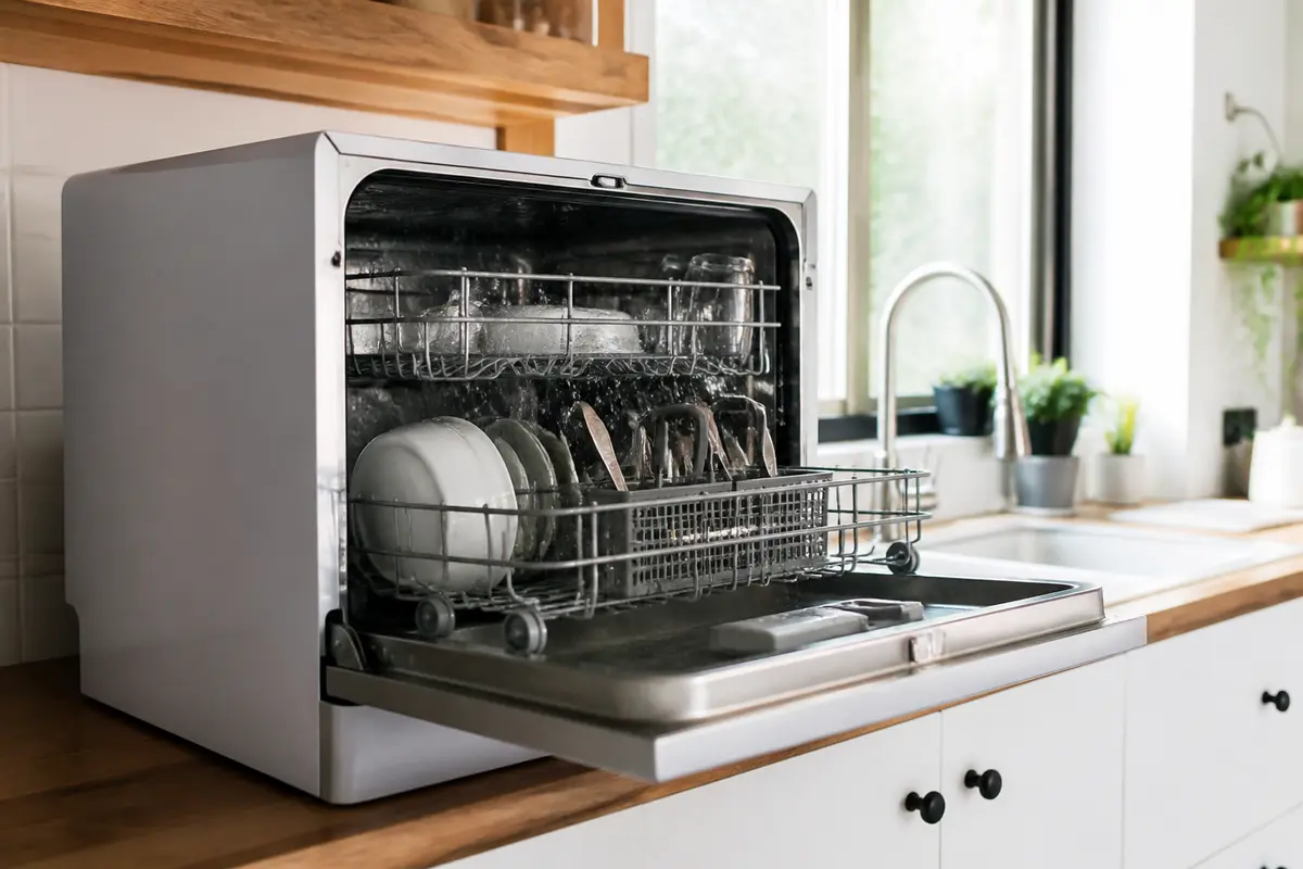 Lave-vaisselle compact ouvert sur un plan de travail, contenant assiettes et verres, cuisine lumineuse en arrière-plan.