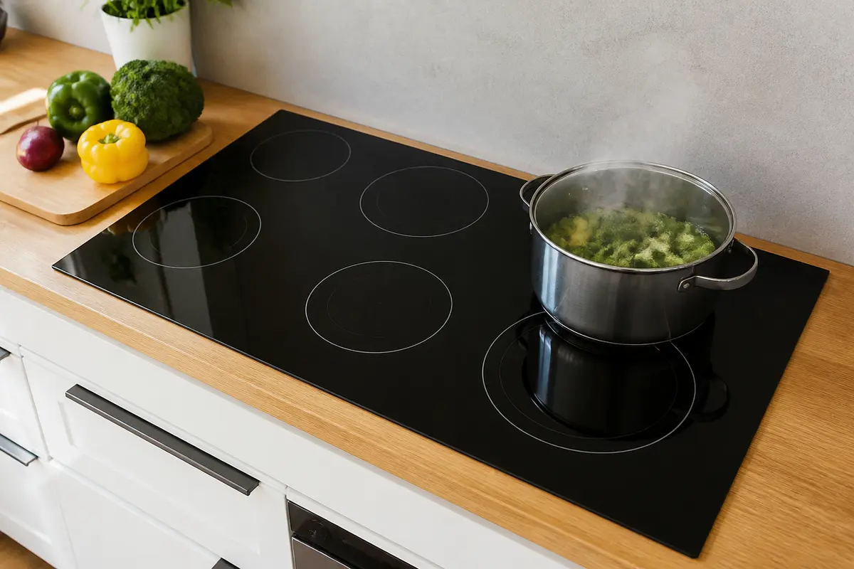 Plaque à induction Rosières avec casserole de légumes vapeur sur plan de travail bois
