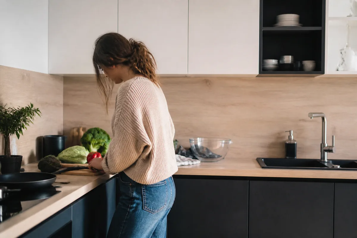 Cuisine avec crédence mélaminée effet bois clair et plan de travail moderne