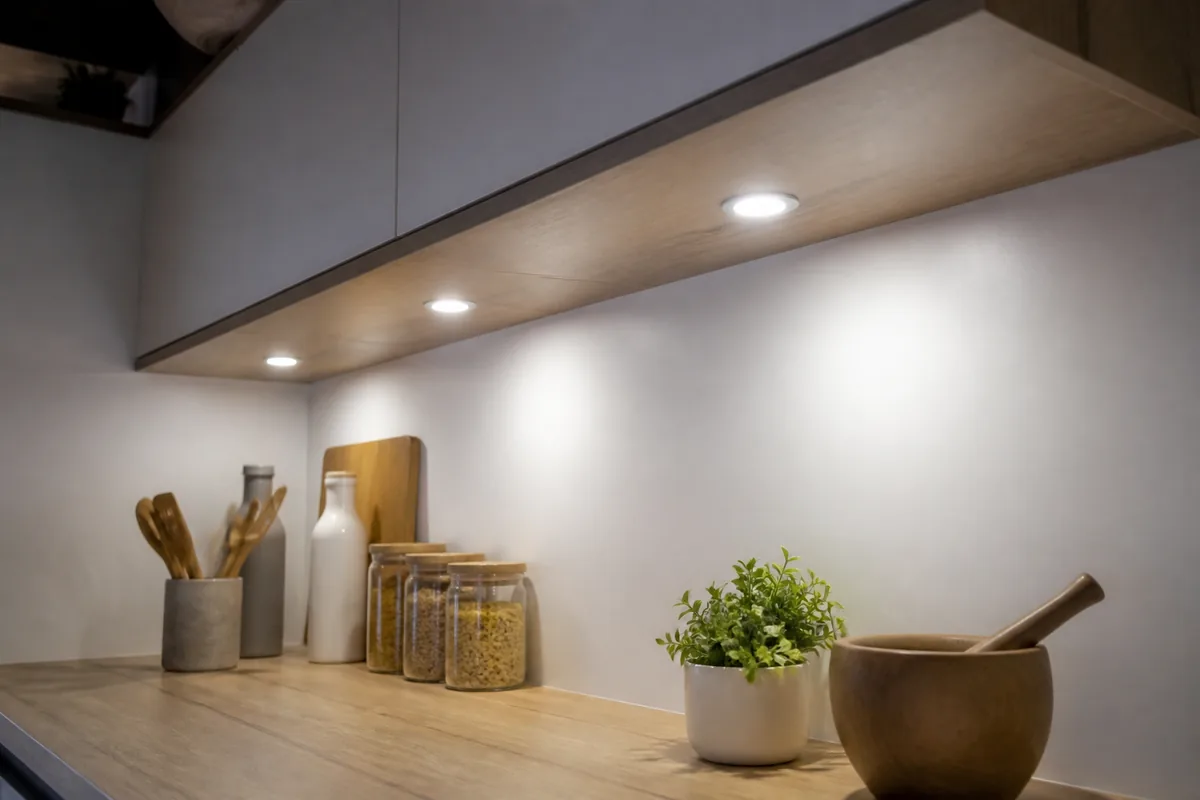 Cuisine moderne avec éclairage par spots LED installés sous les meubles suspendus, éclairant le plan de travail.