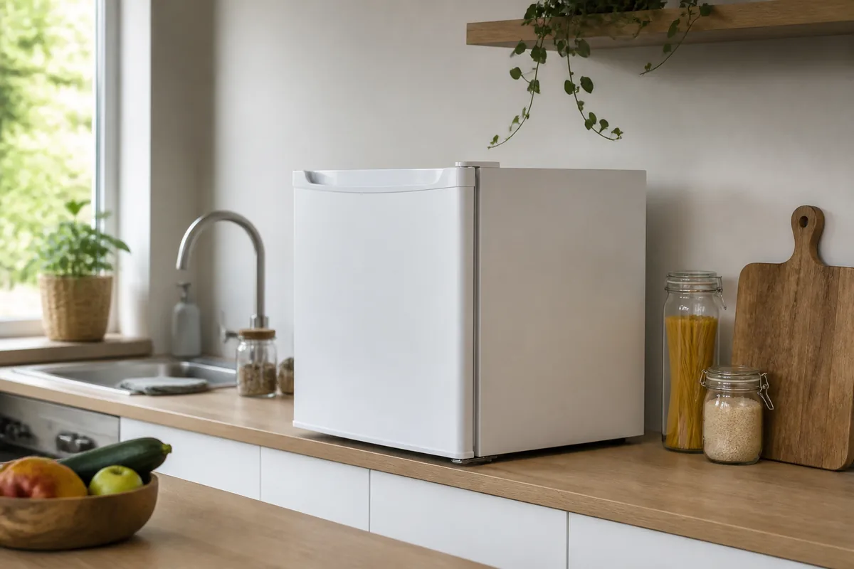 Réfrigérateur table top blanc posé sur un plan de travail dans une cuisine moderne