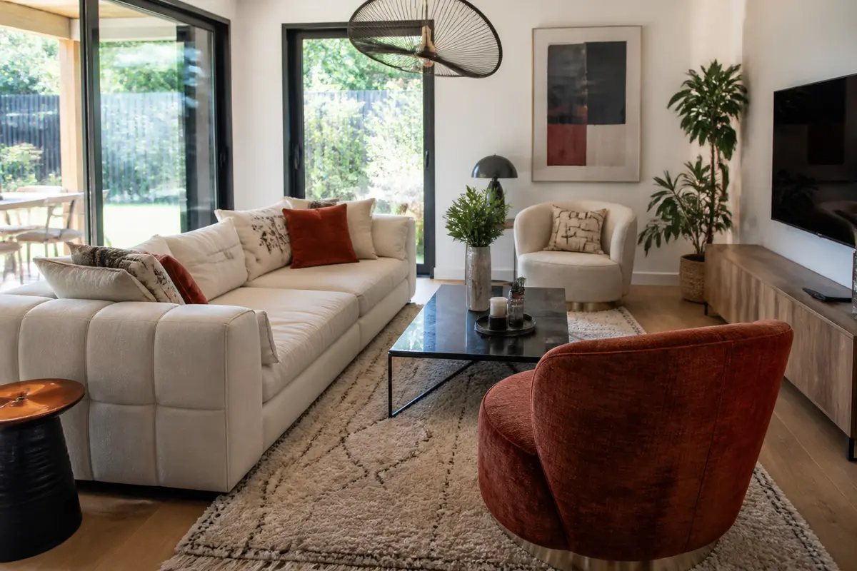 Salon moderne avec canapé blanc, fauteuils rouges, table basse noire, grandes fenêtres et décoration végétale.
